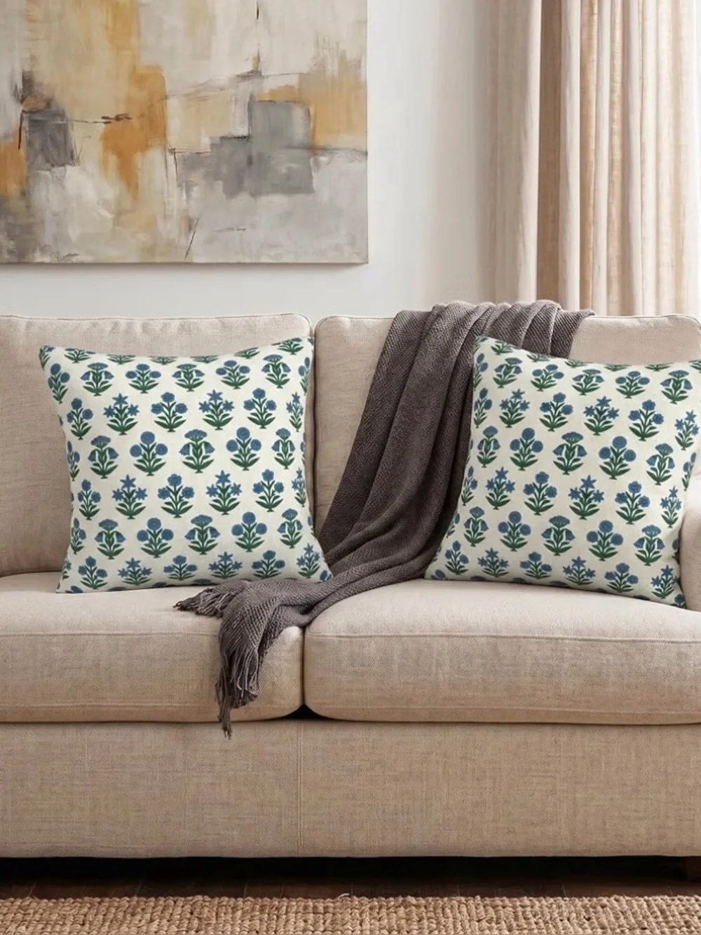 Blue and Green Floral Block Print Pillow Covers (Set of 2)